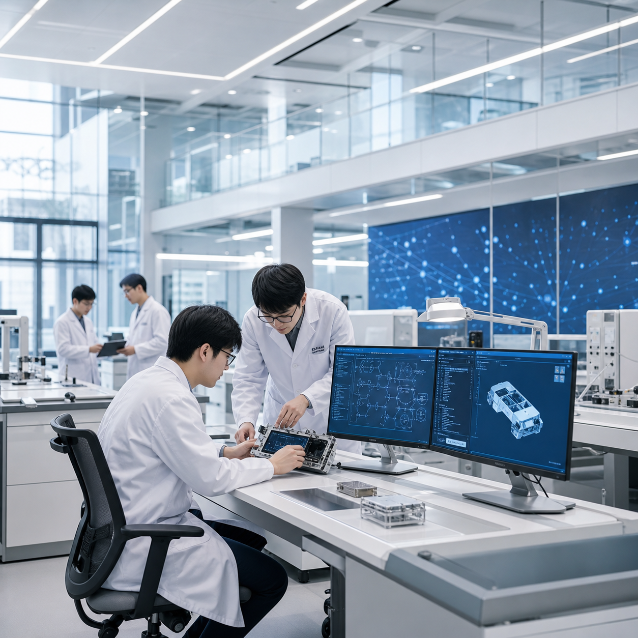 A clean, minimalist high-tech research laboratory with sleek white surfaces, blue glowing data screens, and professional scientists working in a bright light-mode environment. The atmosphere projects innovation, precision, and a sophisticated corporate technology aesthetic.